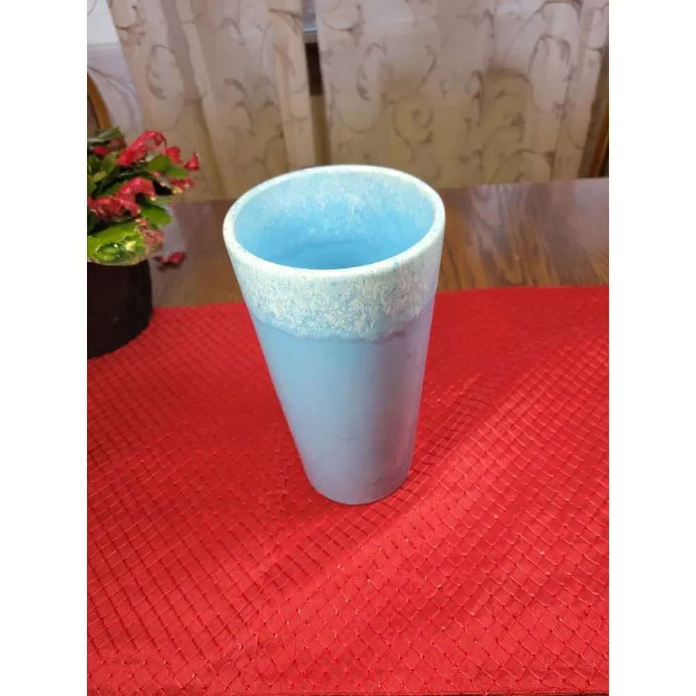 Vintage Hull Pottery Blue White Drip Vase MCM Ceramic Fantasy Line 9